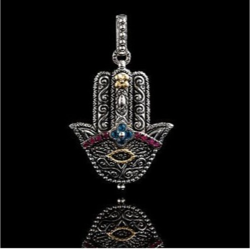 Barbara Bixby Sterling 925 18k Gemstone Hamsa Enhancer London Blue Topaz Garnet